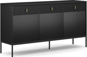 Komoda do Salonu Sypialni MARCOS 154 cm Czarna Ryflowana Trzydrzwiowa z Szufladami Nowoczesna