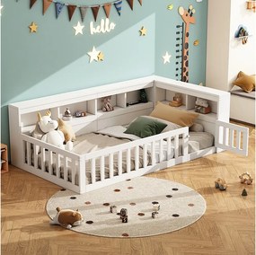 Łóżko pojedyncze dla dzieci - 90 x 200 cm - szafka nocna z pojemnikiem + gniazdko + USB - ze stelażem - płyta wiórowa - białe