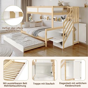 Łóżka piętrowe 120 x 200 cm + 90 x 200 cm z łóżkiem wysuwanym 90 x 190 cm - Szafa + 2 szuflady - Drewno lite + MDF - Biały + naturalny