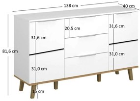 Komoda Dwudrzwiowa z Szufladami do Salonu RADIAN 138 cm Biała / Dąb kamienny Nowoczesna