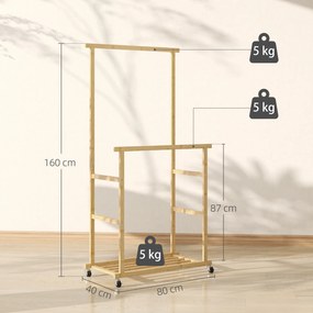 HOMCOM Wieszak na kółkach, wieszak z drążkiem, półka na buty, z bambusa, 80 x 40 x 160 cm, naturalny | Aosom PL