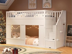Łóżko na antresoli dziecięce 90x200 cm - z drabiną schowkową - z barierkami bezpieczeństwa - MDF - Biały (materac nie jest dołączony)
