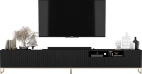 Szafka RTV z 7 drzwiami i wnęką – korpus czarny mat, fronty ryflowane czarne matowe – 300 cm, rama metalowa