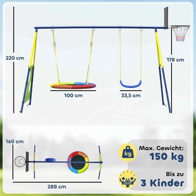 AIYAPLAY Stelaż huśtawki 4 w 1 - zestaw do 150 kg z huśtawką gniazdo, koszem do koszykówki, bramką do piłki nożnej i huśtawką typu U 288 x 160 x 220 cm | Aosom PL