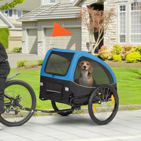 PawHut Przyczepka rowerowa dla psa, składana, z odblaskami, siatkowymi oknami, kołami, drzwiami, flagą bezpieczeństwa, dla psów do 20 kg, 138x70x89 cm, niebieska | Aosom PL