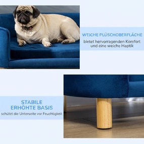 PawHut Sofa dla psa legowisko z weluru holenderskiego z oparciem, drewniane nóżki, poduszka Niebieski | Aosom PL
