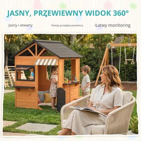 AIYAPLAY Drewniany domek dla dzieci z kuchnią, ławką, okienkami i drzwiami dla dzieci w wieku 3-8 lat, 171,5 x 146 x 156 cm, brązowy | Aosom PL