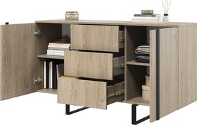 Komoda Verica 150 cm dwudrzwiowa z szufladami - dąb biszkoptowy / czarne nóżki