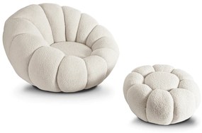 Fotel Wypoczynkowy Obrotowy PETTIT Kremowy z Pufą w Tkaninie Teddy Boucle