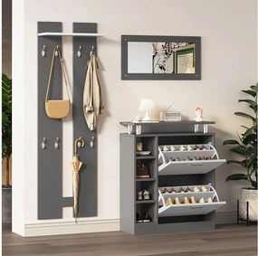 Wieszak ścienny na ubrania + szafka na buty + zestaw lustrzany - Płyta wiórowa - Szary + biały