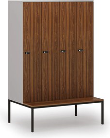 Drewniana szafa ubraniowa S4 z ławką, 4-drzwiowa, 1871 x 1200 x 500/800 mm, demontaż, zamek mechaniczny z kodem, szary/orzech