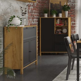 Komoda Dwudrzwiowa z Szufladą Drewniana do Salonu NORIA 88 cm Dąb craft złoty/czarny Loft