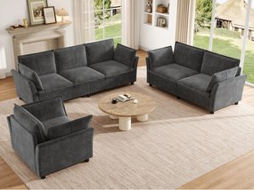 Modułowy zestaw sof 3+2+1 „efekt chmury” z tkaniny szenilowej, sofa 3-osobowa, 2-osobowa i fotel ergonomiczny, styl nowoczesny - szary