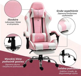 Vinsetto Fotel gamingowy ergonomiczny krzesło komputerowe z regulacją wysokości i zagłówkiem różowy biały | Aosom PL