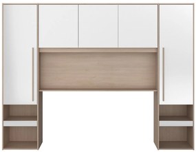 Zabudowa wokół łóżka  ze skrzynią i - Z oświetleniem LED - szer. 265 cm - Biały z połyskiem i naturalny - VELONA