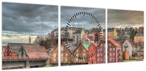Obraz - domy nad rzeką (z zegarem) (90x30 cm)