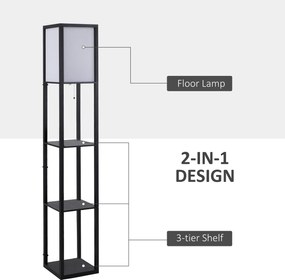 HOMCOM Lampa Stojąca z Półkami Oświetlenie Wewnętrzne E27 Drewno Czarne 26x26x160cm | Aosom PL