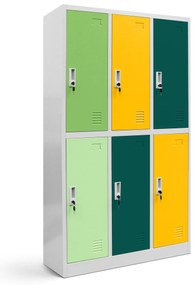 Szafka szkolna BHP szaro-wielokolorowa: 6-komorowa IGOREK, 900 x 1500 x 450 mm