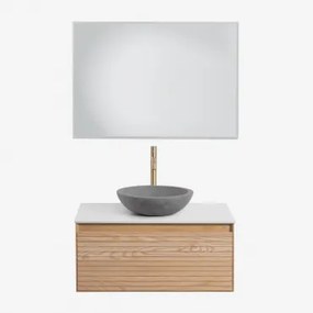 Zestaw Wiszących Mebli Łazienkowych Z Drewna Jesionowego Tedrik Popielaty Brąz & Okrągły Szary Cement Ø40 - Sklum