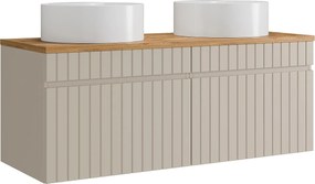 Wisząca szafka łazienkowa prążkowana beżowa z okrągłą umywalką nablatową - 120 cm - SATARA