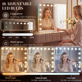 HOMCOM Hollywoodzkie lustro do makijażu z 18 regulowanymi żarówkami LED, 3 kolory, światło RGB, głośnik Bluetooth, 10-krotne powiększenie Białe | Aosom PL