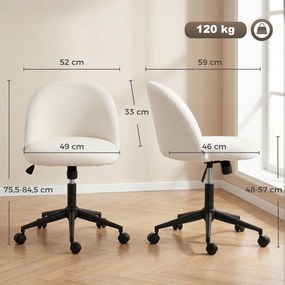 HOMCOM Obrotowy fotel biurowy z teddy-fleece, regulowany, na kółkach, pianka komfortowa, kremowy | Aosom PL