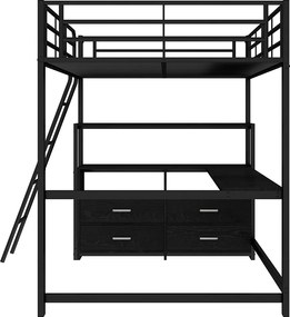 Łóżko mezzanine 140x200cm - biurko narożne z szufladami - z MDF i metalu - Czarny