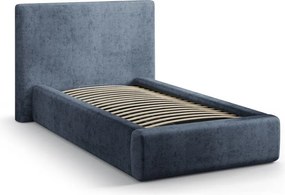 Ciemnoniebieskie tapicerowane łóżko jednoosobowe ze schowkiem i stelażem 90x200 cm Amy – Micadoni