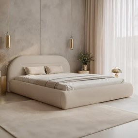 Łóżko Tapicerowane Slim 160x200 cm TASSO z Pojemnikiem Beżowe Szenil Japandi