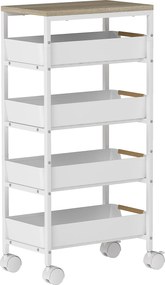 HOMCOM 5-poziomowy wózek kuchenny, drewnopodobny, mobilny, metalowa rama, 4 szuflady, Biały