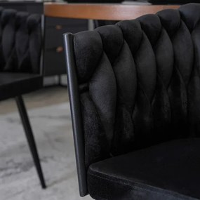 Krzesło Tapicerowane Plecione do Salonu ELENA Czarne Welurowe Glamour