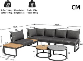 Zestaw mebli ogrodowych modułowych z ocynkowanego żelaza: 2 x 2-osobowe sofy + 1 x 1-osobowa sofa + 1 stołek + składane stoliki kawowe - Szary
