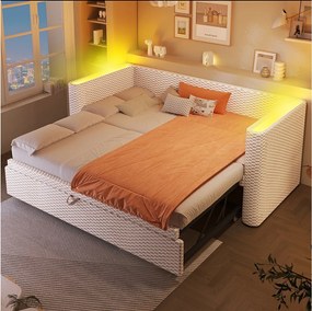 Rozkładana sofa dziecięca - 90/180 x 200 cm - z diodami LED + stelaż - aksamit - beż