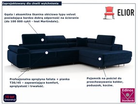 Granatowy narożnik welurowy z funkcją spania L8-P70