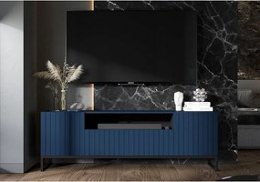 Szafka RTV z 3 drzwiczkami i wnęką - Korpus granatowy mat, fronty ryflowane granatowy mat - 150 cm, rama z czarnego metalu