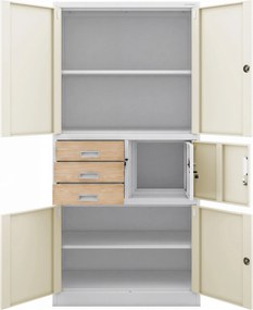 Biurowa szafa metalowa z sejfem biała / dąb sonoma: Eco Design FILIP II, 900 x 1850 x 400 mm