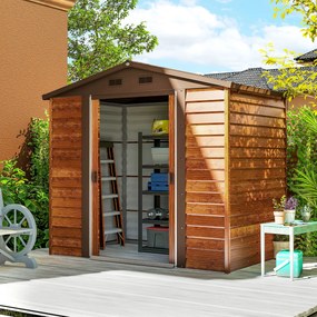 Outsunny Szopa Ogrodowa, Szopa na Narzędzia, Domek Ogrodowy z Oknami, Odporna na Warunki Atmosferyczne, Wygląd Drewna, Stal, 152 x 235,7 x 208,7 cm, Brązowa