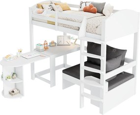 Łóżko mezzanine 90x200cm z drewna - z biurkiem i kanapą do przechowywania - Białe