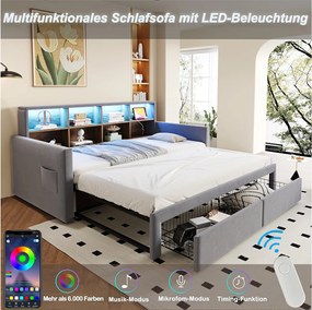 Rozkładana sofa dziecięca - 90/180 x 190 cm - zagłówek z miejscem do przechowywania + diody LED + gniazdka - z 2 szufladami - welur - jasnoszary