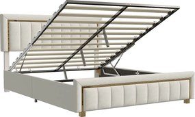 Łóżko 140x190 cm w beżowym welurowym materiale – Schowek z podnośnikiem gazowym – Złote wykończenia i wzór w pionowe paski