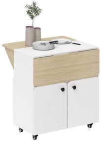 HOMCOM Składany Stół z Rolą, dwa składane boki, półka, 4 koła, Biały+Naturalne drewno, 70 x 83 x 75 cm