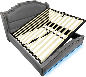 Łóżko tapicerowane 140 x 200 cm - z funkcją ładowania USB i LED u stóp łóżka - Szare