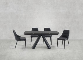 Elegancki stół z szarym ceramicznym blatem na hartowanym szkle. Metalowa podstawa z czarnej stali nadaje mu nowoczesny charakter i wyjątkową trwałość.