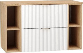 Biały Zestaw Łazienkowy 100cm Szafka Blat Orzech Regały Orzech Ryflowane Fronty