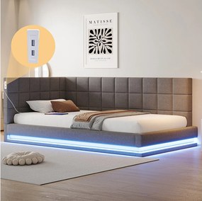 Sofa rozkładana 90x200 cm, szary aksamit, łóżko dziecięce z oświetleniem LED i portem USB, stelaż z listew - bez materaca