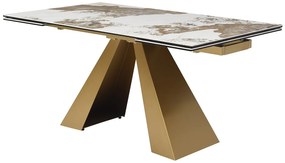 Stół do jadalni rozkładany dla 6 do 10 osób ze szkła hartowanego, ceramiki i złotego metalu - Efekt białego marmuru i taupe - LOZIPA marki Maison Céphy