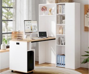 Biurko składane 104.5x30.5x160 cm - z biblioteczką - gniazdka i porty USB - Regulowane półki - Z kółkami - Biały+naturalny