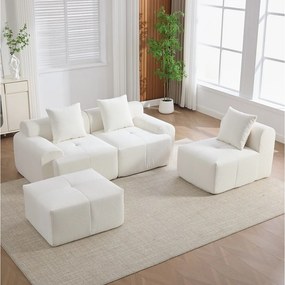 3-osobowa modułowa sofa narożna z pufą, z tkaniny, beżowa