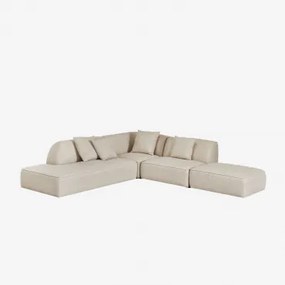 Sofa Narożna Modułowa Cardea 3-częściowa Z Leżanką Po Lewej Stronie I Tapicerowanym Pufem Tkanina Bouclé W Kolorze Kremowo-beżowym - Sklum