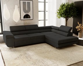 Emporius Sorlo narożnik z funkcją spania i pojemnikiem - regulowane zagłówki, prawostronny, tkanina aksamitna, czarny (Amor Velvet 4322)